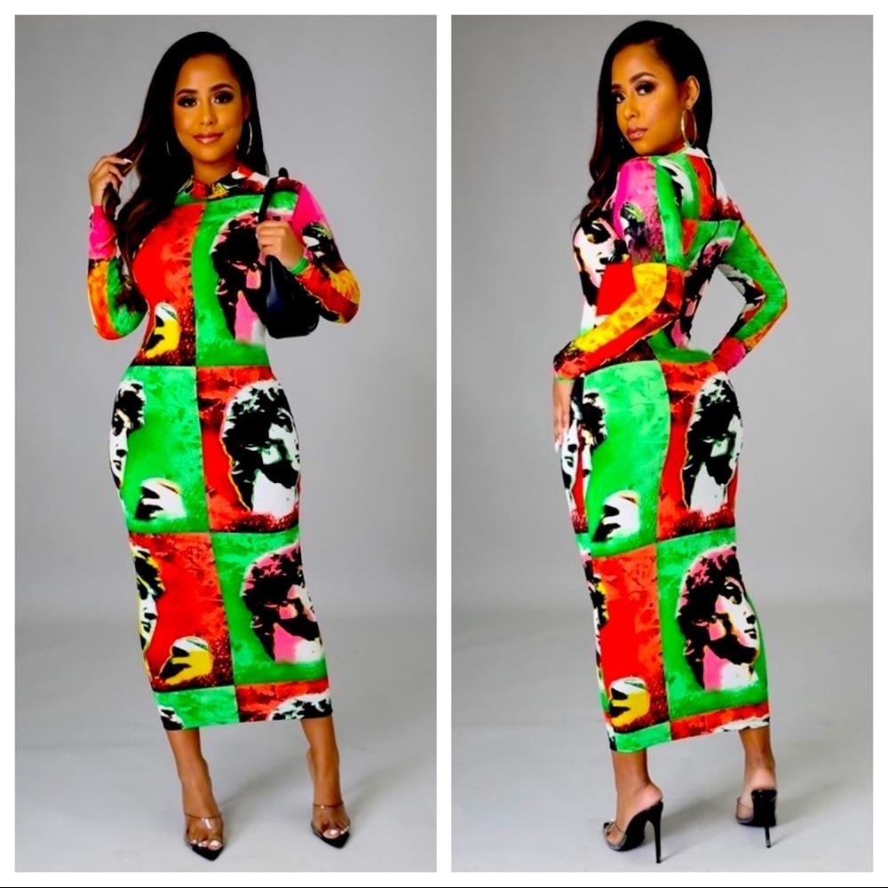 J. Elise Boutique Long Sleeve Neon Multi Color Graphic Midi Maxi Dress